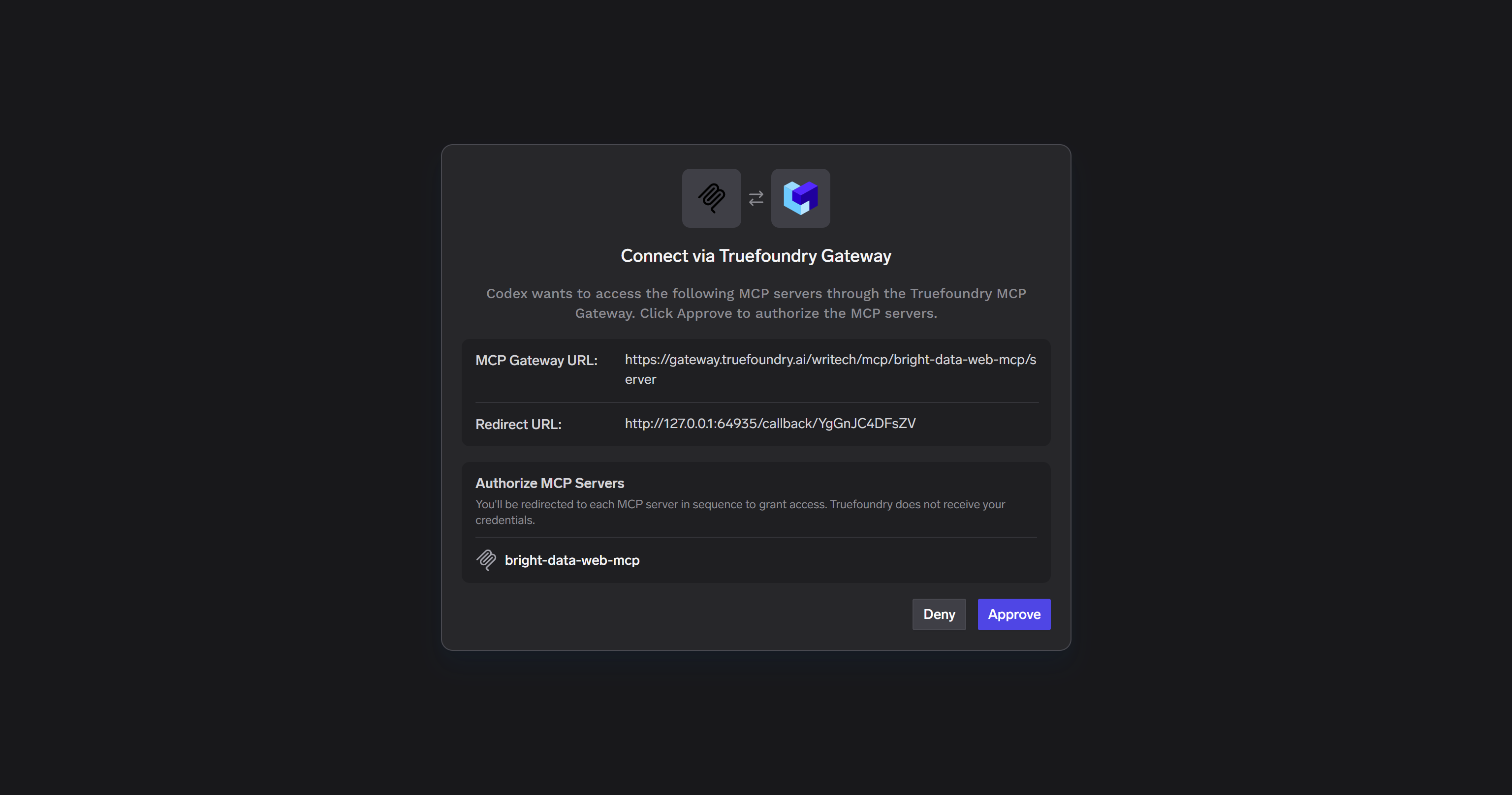 A página de autorização OAuth do TrueFoundry para o seu MCP Gateway