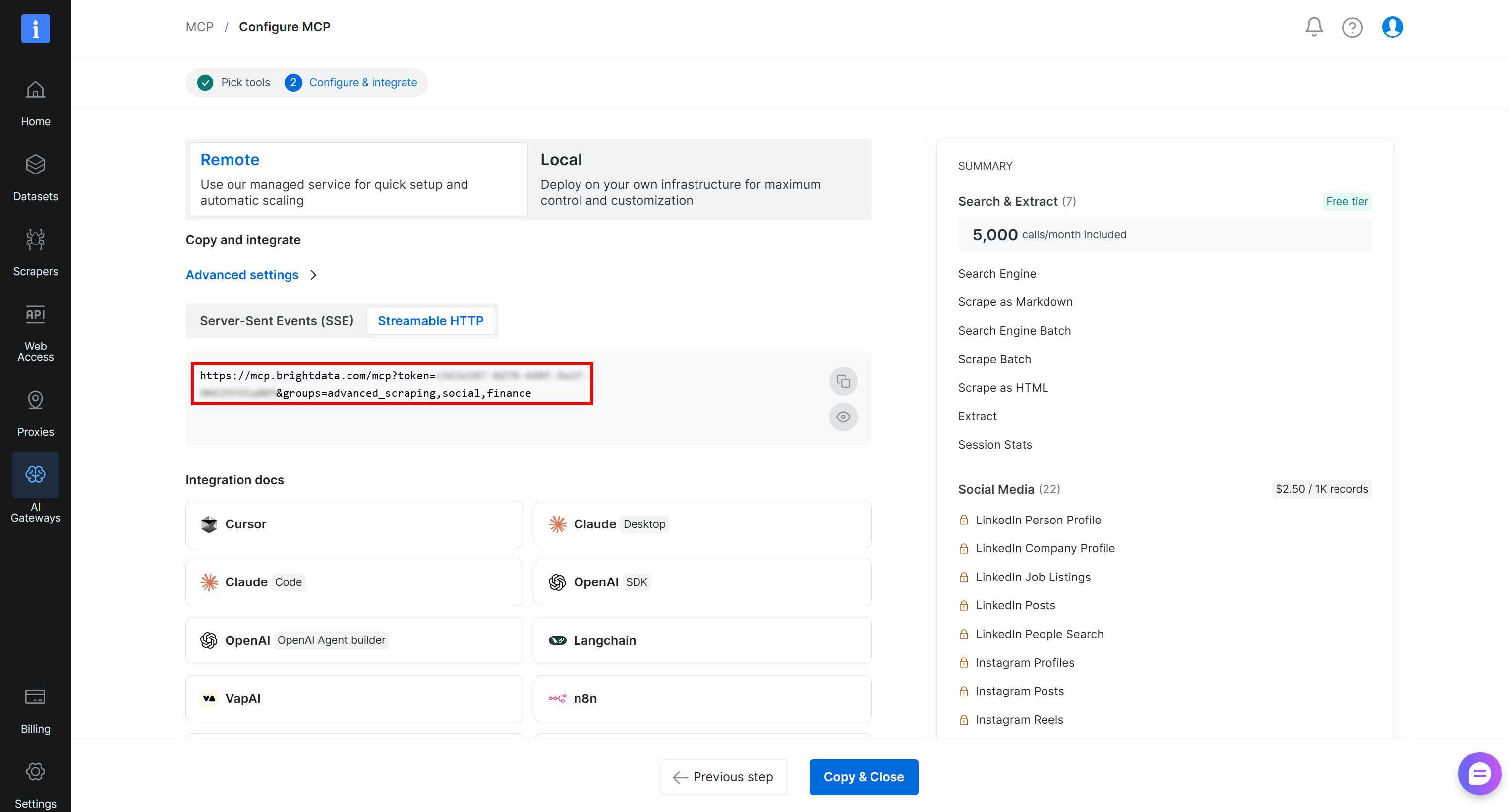 Observe a URL de conexão Web MCP configurada