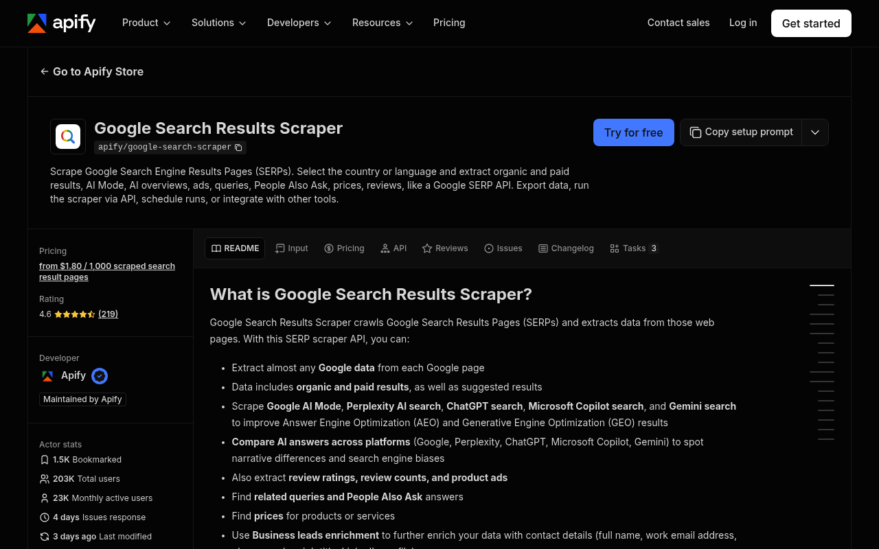 Página de plano e preços da API SERP gratuita da Apify