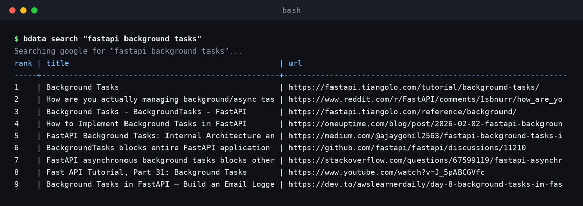 CLI da Bright Data executando bdata search para fastapi background tasks e imprimindo resultados ranqueados do Google com títulos e URLs