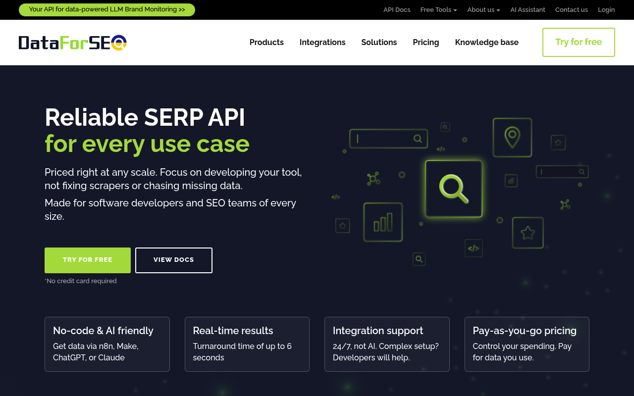Página de plano e preços da API SERP gratuita da DataForSEO