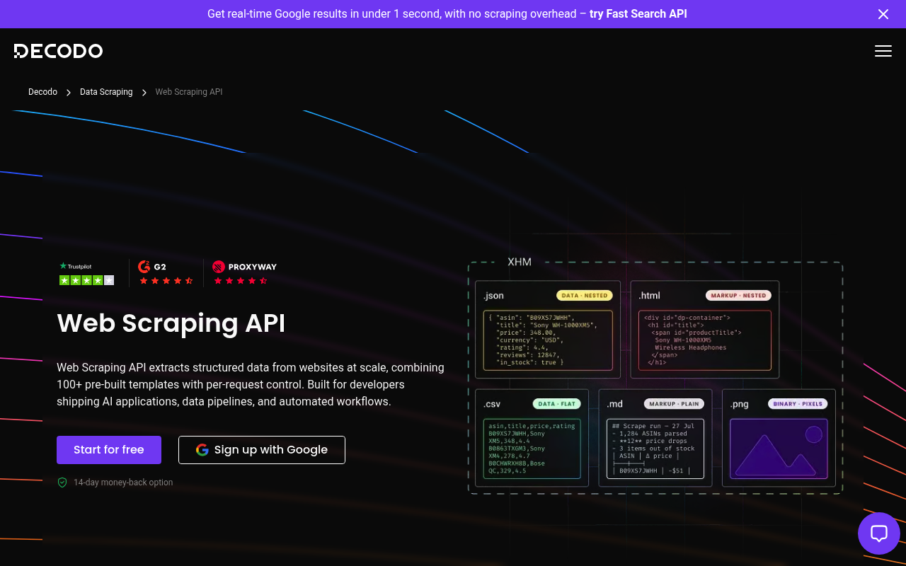 Página de plano e preços da API SERP gratuita da Decodo