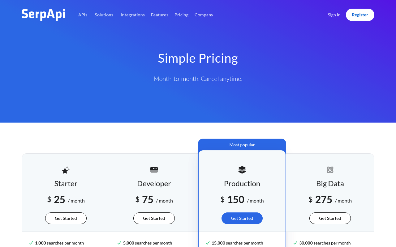 Página de plano e preços da API SERP gratuita da SerpApi
