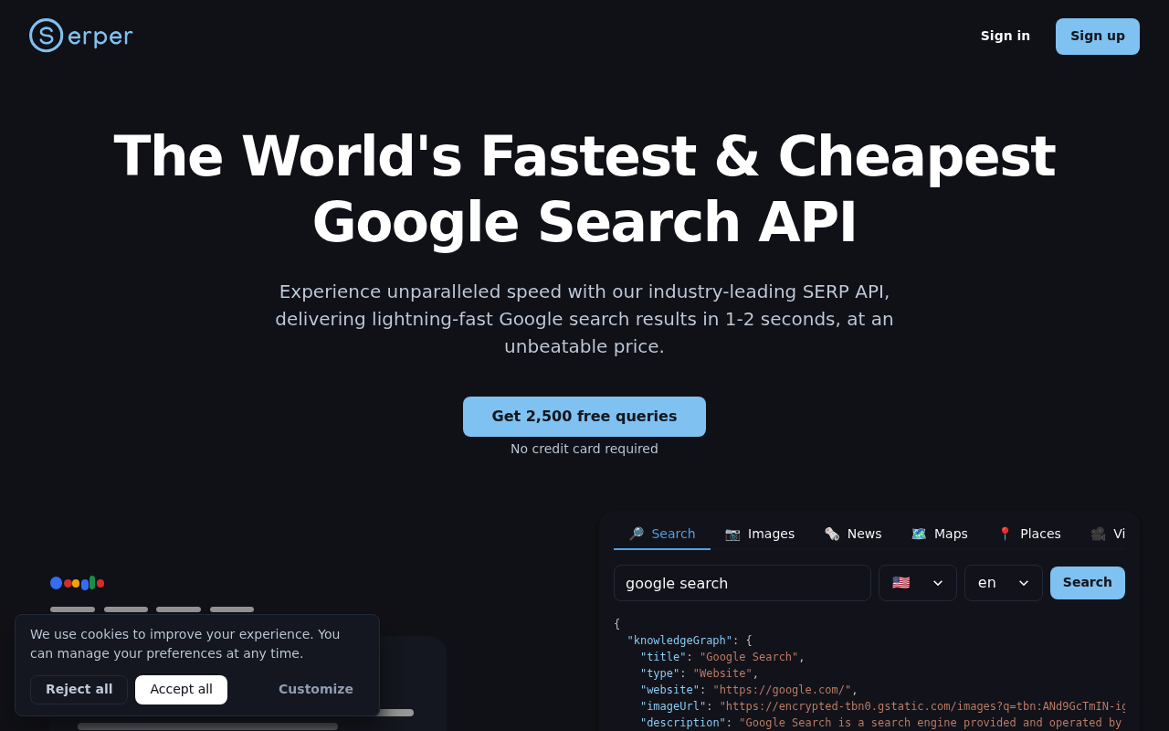 Página de plano e preços da API SERP gratuita da Serper