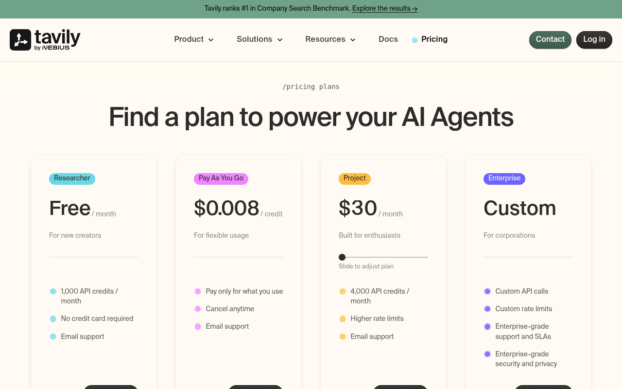 Página de plano e preços da API SERP gratuita da Tavily